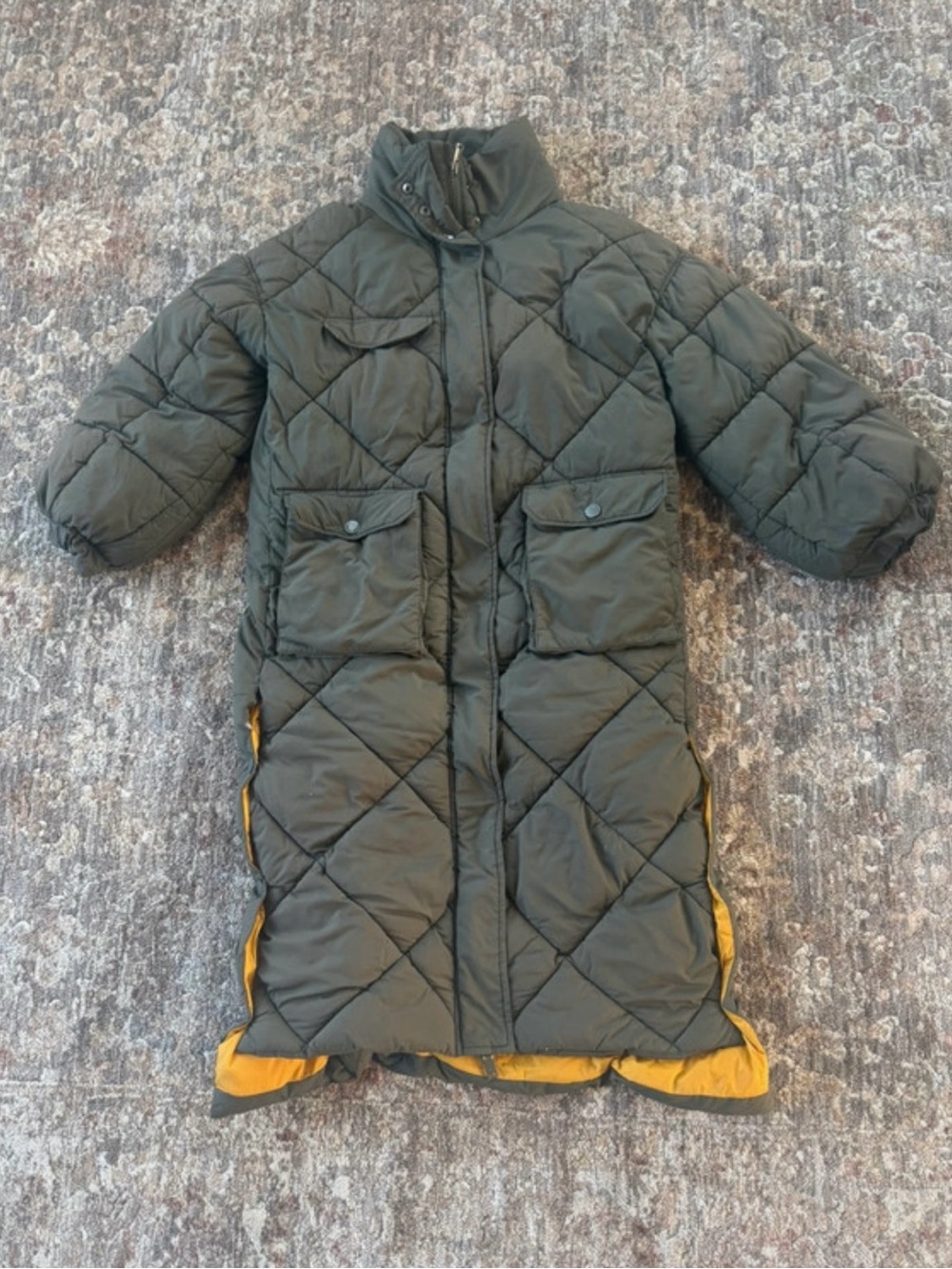Treasure & Bond Long Quilted Puffer Coat in Olive Green with Mustard Lining smal